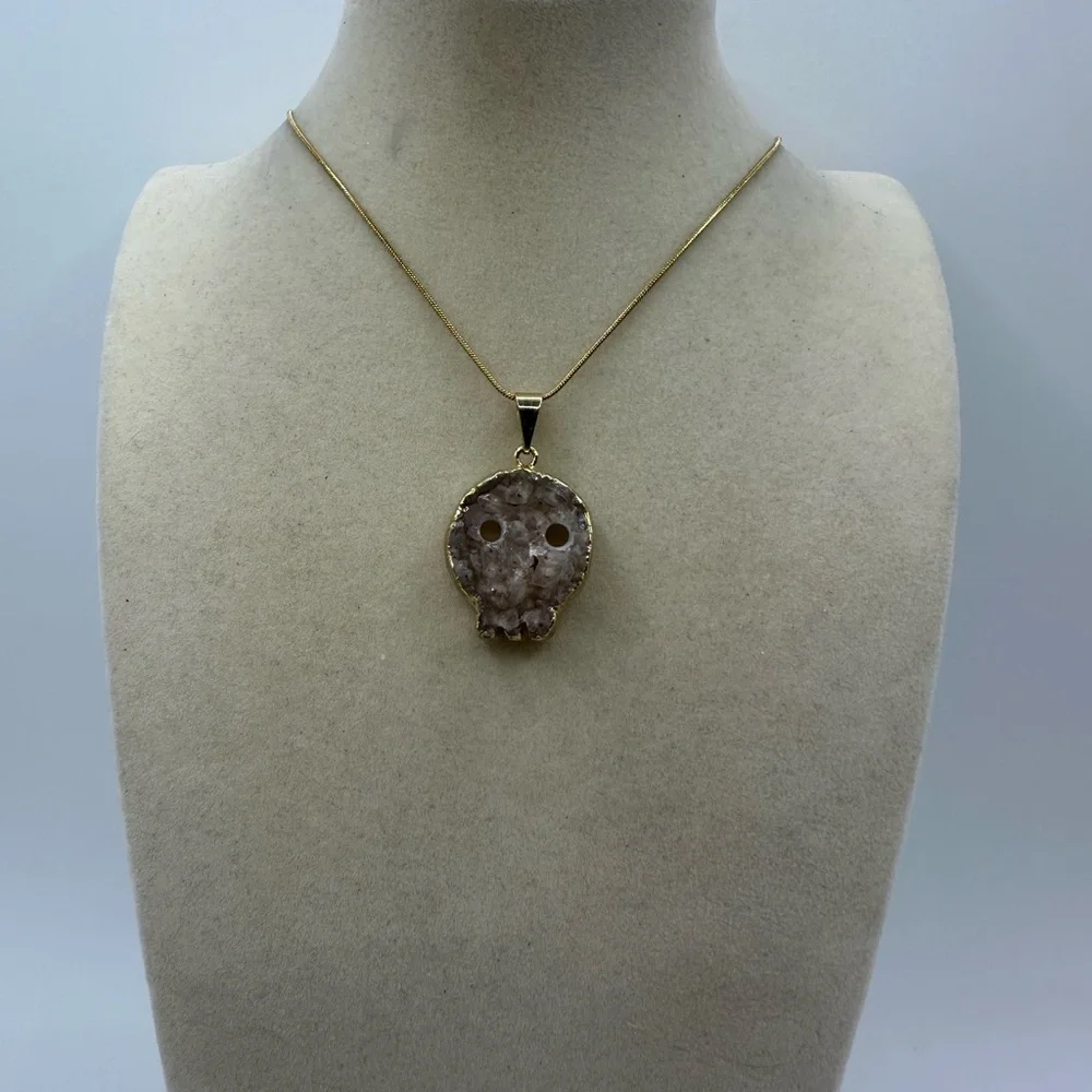 Druzy Amethyst Skull Pendant on Stainless Steel Snake Chain